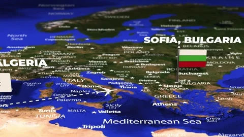 Flight From Algiers ALGERIA to Sofia BULGARIA with flag pins Stock Footage 327968401