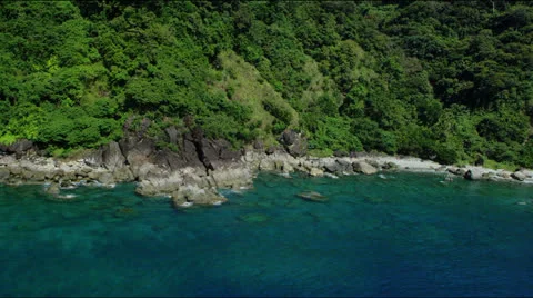 Flight along a forest covered hilly coast line Video stock 25332057