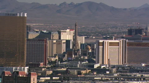 Flight along I-15 looking east across casinos along The Strip, Las Vegas. Shot Stock Footage 59544727