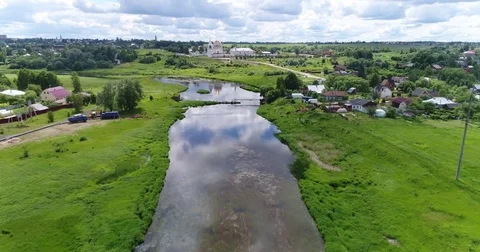 Flight along the River to the monastery Stock Footage 77775124