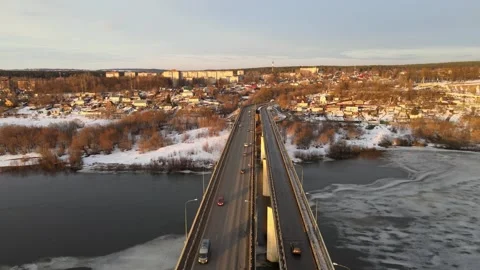 Flight along the road bridge over the Oka river, aerial view Stock Footage 254084755
