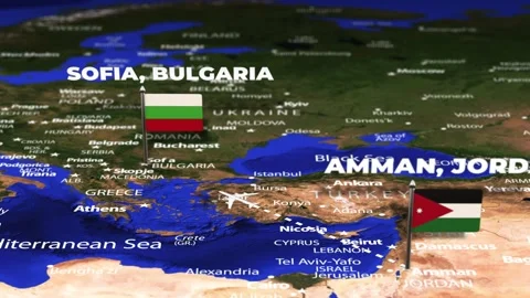 Flight From Amman JORDAN to Sofia BULGARIA with flag pins Video stock 328408154
