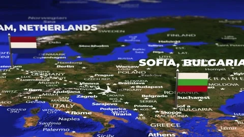 Flight From Amsterdam NETHERLANDS to Sofia BULGARIA with flag pins Stock Footage 329669205