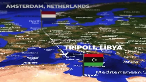 Flight From Amsterdam NETHERLANDS to Tripoli LIBYA with flag pins Stock Footage 329669097