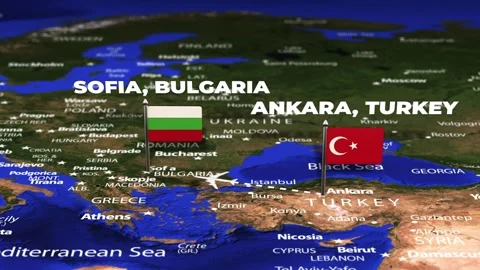 Flight From Ankara TURKEY to Sofia BULGARIA with flag pins Stock-Footage 334394816