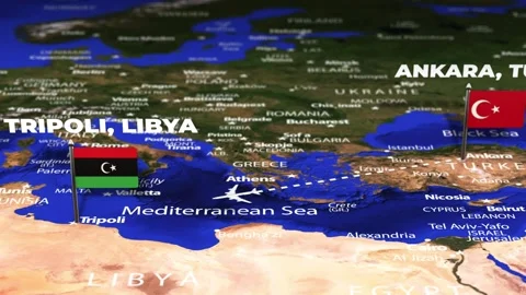 Flight From Ankara TURKEY to Tripoli LIBYA with flag pins Stock Footage 334395252