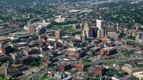 Flight approaching downtown Providence, Rhode Island, with view of Capitol. Shot Stock Footage 59519426