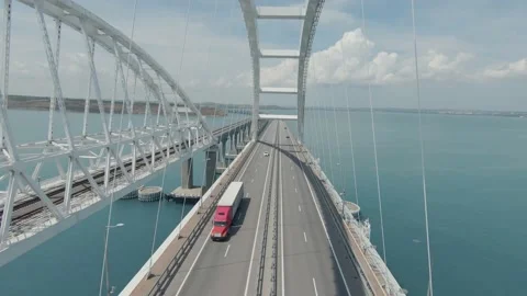 Flight into the arches of the Crimean Bridge Stock Footage 230156246