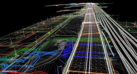 Flight around BIM model of object of transport infrastructure of wireframe view Stock Footage 120701109