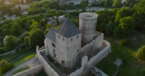 Flight around the Castle in Bedzin at sunset, Upper Silesia, Poland. Stock Footage 210873179