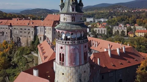 Flight around Cesky Krumlov tower Stock Footage 86661933