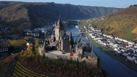 Flight around Cochem castle, Germany Stock Footage 91460455