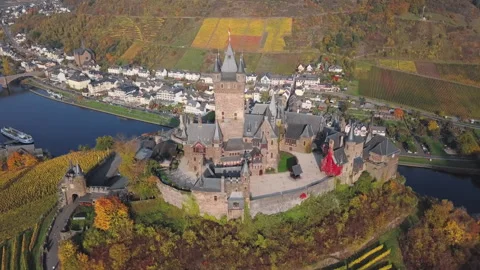Flight around of Cochem castle, Germany Stock Footage 244396685