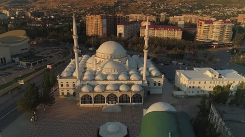 Flight around epic Makhachkala Dagestan central Juma mosque at sunrise. Muslim   Stock Footage 150295053