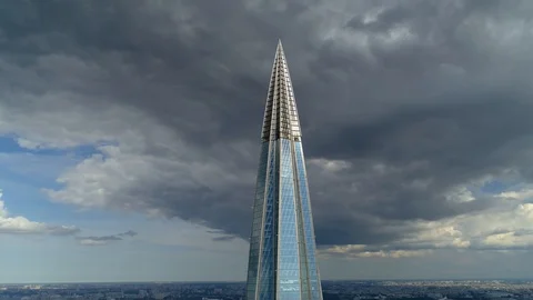 Flight around epic modern cityscape Petersburg skyscraper main business center  Stock Footage 128620852