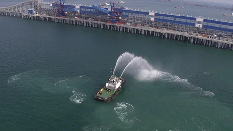 Flight around firefighter boat Stock-Footage 123777808