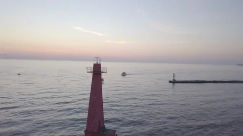 Flight Around Red Lighthouse At Dusk Stock Footage 95559218