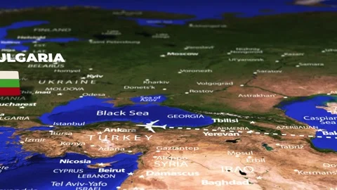 Flight From Ashgabat Turkmenistan to Sofia BULGARIA with flag pins Stock Footage 335215865