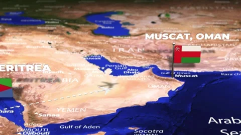 Flight From Asmara ERITREA to Muscat OMAN with flag pins Stock Footage 335640109