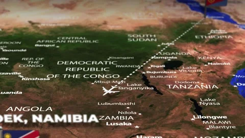 Flight From Asmara ERITREA to Windhoek NAMIBIA with flag pins Stock Footage 335640941