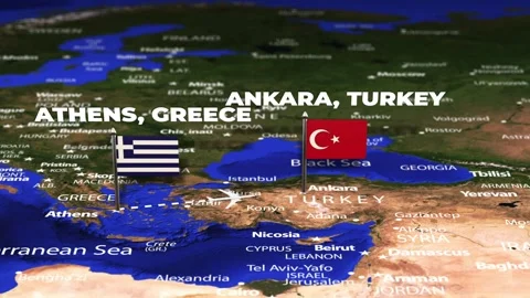 Flight From Athens GREECE to Ankara TURKEY with flag pins Stock Footage 337867792