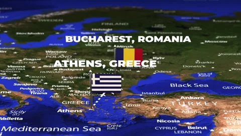 Flight From Athens GREECE to Bucharest ROMANIA with flag pins Video stock 337868112