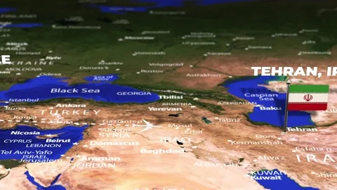 Flight From Athens GREECE to Tehran IRAN with flag pins Stock Footage 337869703