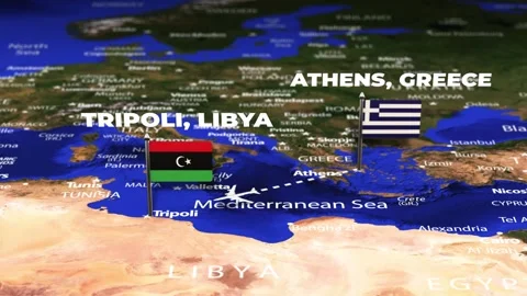 Flight From Athens GREECE to Tripoli LIBYA with flag pins Stock-Footage 337869782