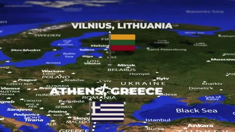 Flight From Athens GREECE to Vilnius LITHUANIA with flag pins Stock Footage 337869866