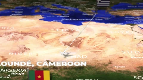 Flight From Athens GREECE to Yaounde CAMEROON with flag pins Stock Footage 337869927
