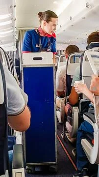 A flight attendant in the aisle between rows of seats with passengers. Стоковые фото