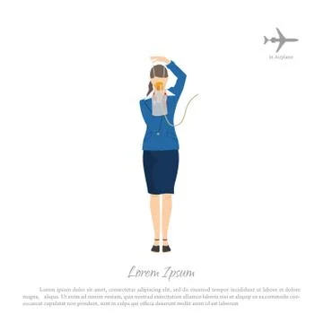 Flight attendant demonstrates use of oxygen mask. Stewardess in aircraft cabin Stock Illustration