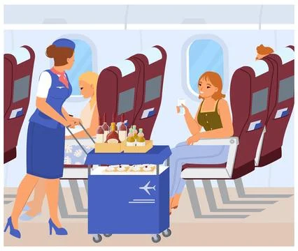 Flight attendant serving drinks to passengers on aircraft board vector Stock Illustration