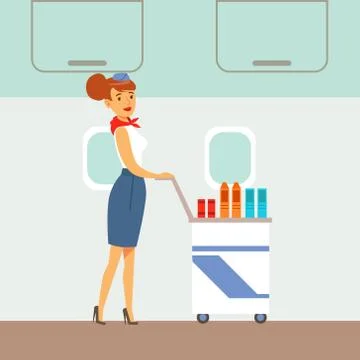 Flight Attendant Serving Drinks On A Plane, Part Of People Taking Different Stock Illustration