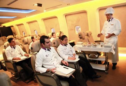 Flight attendants training before fly Stock Photos