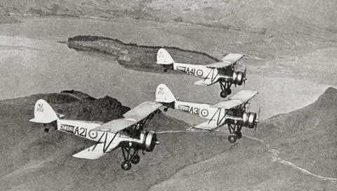 A flight of Avro training planes from New Zealand's own Air Force school at Wigr Stock Photos