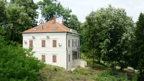 Flight by a beautiful house in a thick forest Stock Footage 135828957