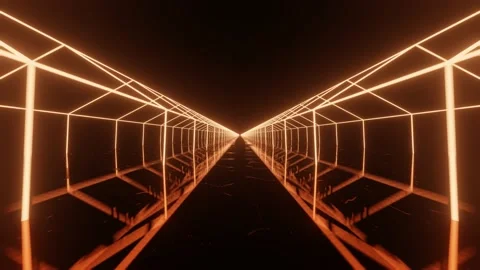 Flight between two polygonal neon tunnels. Abstract sci fi geometric background Stock Footage 221775188