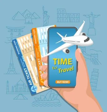 Flight booking application for mobile phone, vector image Illustrazione stock