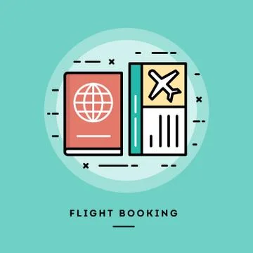 Flight booking, flat design thin line banner Stock Illustration