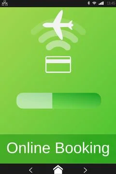 Flight booking screen is showing flat phone UI with airplane icon, loading bar Stock Photos