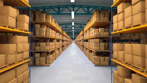 The flight of the camera in a large warehouse with boxes and parcels. Seamless l Stock Footage 204921171
