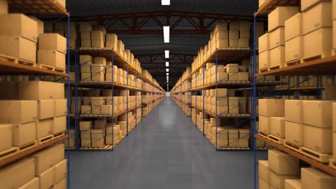 The flight of the camera in a large warehouse with boxes and parcels. Seamless l Stock Footage 206294036