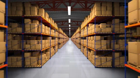 The flight of the camera in a large warehouse with boxes and parcels. Seamless l Stock Footage 214885952