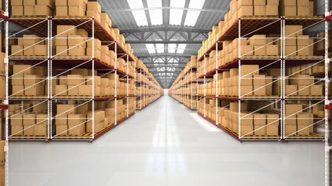 The flight of the camera in a large warehouse with boxes and parcels. Seamless l Stock Footage 225070330