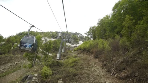 Flight of camera over mountains. Aibga Ridge. Cable car with cabins 스톡 동영상 96101895