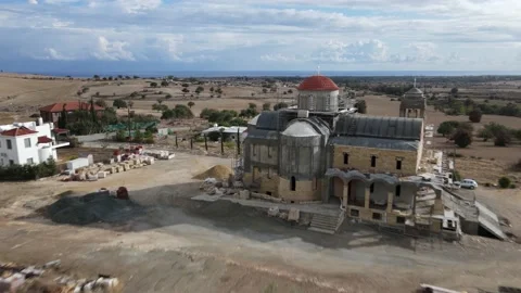 Flight of the camera over the temple under construction. Cyprus Stock Footage 166060596