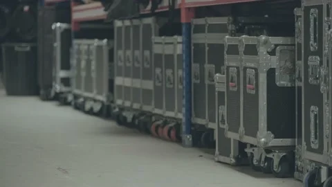 Flight cases in warehouse focus pull Stock Footage 137033152