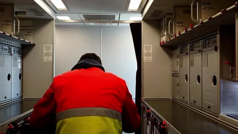 In-flight catering team loading food from metal carts in galley oven Stock Footage 280780291