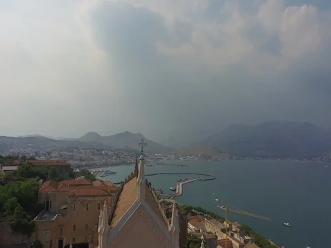 Flight of the Cathedral in a cloudy day Stock Footage 72328127